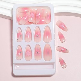 24Pcs Valentine Nails Press on Nails Medium Almond Nails Pink Fake Nails with Nail Glue Heart Bow Star Gems Acrylic Nails Design Full Cover Valentine Day False Nails Stick on Nails for Women Girls