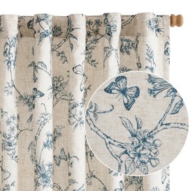 Lazzzy Blue Floral Curtains 84 Inch Length Linen Farmhouse Back Tab Drapes for Living Room Bedroom Light Filtering Vintage Rod Pocket, 2 Panels, Blue on Beige