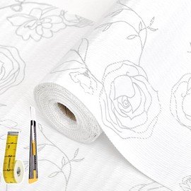 Shelf Liners for Kitchen Cabinets 12in x 20FT Non Adhesive Drawer Liner Sliver Floral Thickened Shelf Liner Paper Strong Non-Slip Easy to Clean for Tool Box Refrigerator with Knife and Tape Measure