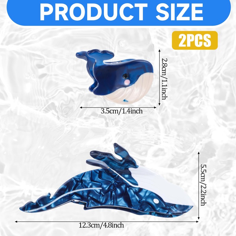 2Pcs Whale Hair Clips, Blue Whale Cellulose Acetate Hair Claw