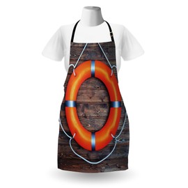 Ambesonne Coastal Apron, The Wooden Wall Safety Emergency Rescue Equipment, Unisex Kitchen Bib with Adjustable Neck for Cooking Gardening, Adult Size, Orange Brown