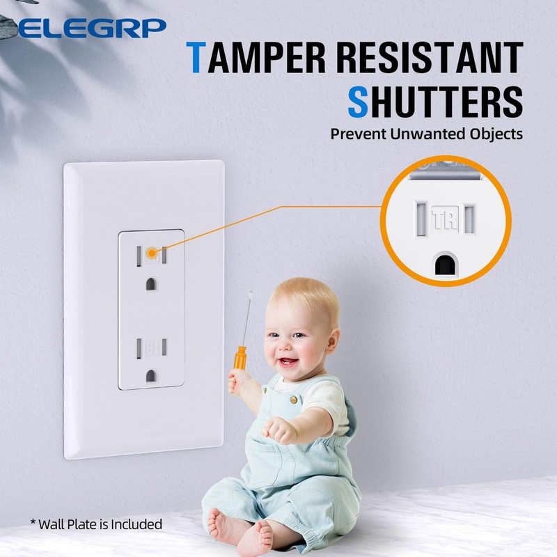 ELEGRP Decorator Wall Receptacle Outlet, Tamper Resistant 15A 125V Standard