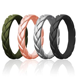 ROQ Silicone Rings for Women Multipack of 4 Womens Silicone Rubber Wedding Rings Bands Flame Leaves - Dark Green, Rose Gold, Silver, Black Colors - Size 7