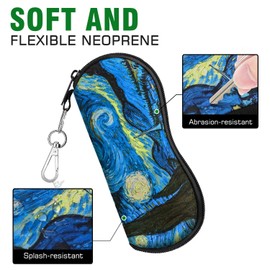 MoKo Sunglasses Soft Case 2 Pack, Ultra Light Portable Neoprene Zipper Eyeglass Soft Case, Eyewear Safety Pouch Zipper Box Case with Belt Clip, Black + Starry Night