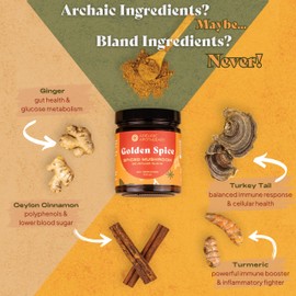 Golden Spice - Golden Milk w/Mushrooms, Heirloom Turmeric Latte Spice Blend | Turkey Tail & Ashwagandha Adaptogens | Caffeine-Free Rooibos Matcha | No Milk, Sweeteners, or Fillers (20 Servings)