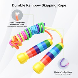 OTraki Corda per Saltare Bambini 2,5 m Regolabile Arcobaleno con Tubo Gomma Trasparente e Manico Legno, Corda Antiusura per Saltare con Nylon Elastico, Hüpfseil Saltello