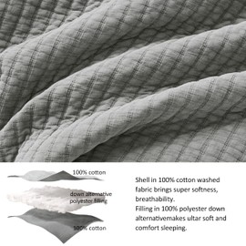 WDCOZY Grey Oversized King Size Quilt Set, Muslin Cotton Shell Down-Alt Poly Filling, California Cal Shabby Chic Rustic Farmhouse Country Bedspread, Textured Gauze Coverlet Bedding, 2 Shams