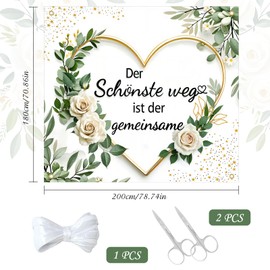 Hochzeitsherz zum Ausschneiden, 200x180cm Hochzeitslaken Herz zum Ausschneiden Hochzeit mit 2 Scheren und Seil Bettlaken Hochzeit Ausschneiden Perfekt für Hochzeitsdekorationen Love Banner Kit