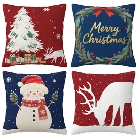 Kuderiy Christmas Throw Pillow Covers 18x18 Set of 4, Merry Christmas Tree Snowflakes Snowman Reindeer Wreath Pillow Cases Red Blue White Xmas Decorative Holiday Pillowcases for Home Sofa Couch