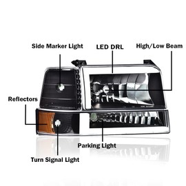 CHEDA Headlights Assembly LED DRL Compatible with F250 F350 Super Duty Headlights Assembly 92-97/ Ford Bronco F150 92-96 Clear lens Black Housing Amber Reflector Faros Conjunto De Faros