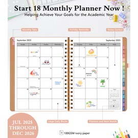 Monthly Planner 2025-2026, 18 Months Academic Calendar Planner from July 2025 - December 2026, 7.4'' x 9.6'' Monthly Planner with Tabs, Spiral Daily Planner Perfect for Office School Teacher Student
