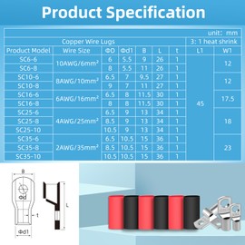 10 x Tube Cable Lugs 25 mm² Cable Lugs Hole Diameter M6 Ring Cable Lug Thickened Copper Uninsulated SC Cable Lug with 10 Heat Shrink Tubing 3: 1