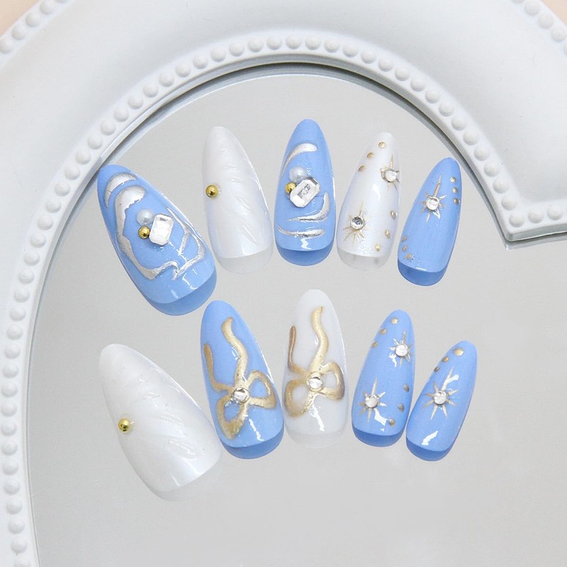 Blue White Press on Nails Bow Fake Nails Medium Almond