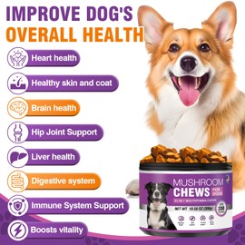 Turkey Tail Mushroom for Dogs 200 Chews Supplement Mushrooms Dog Multivitamin Chewables Pet Vitamins Complex with Reishi Lions Mane for Immune Support Joint Digestive and Liver (Pork Flavor)