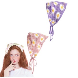 2PCS Crochet Head Scarf Cute Flowers Hairbands Floral Headwrap Knitted Scarves Tie Daisy Head Scarf for Women Accessories (Pink daisy+purple daisy, One size)