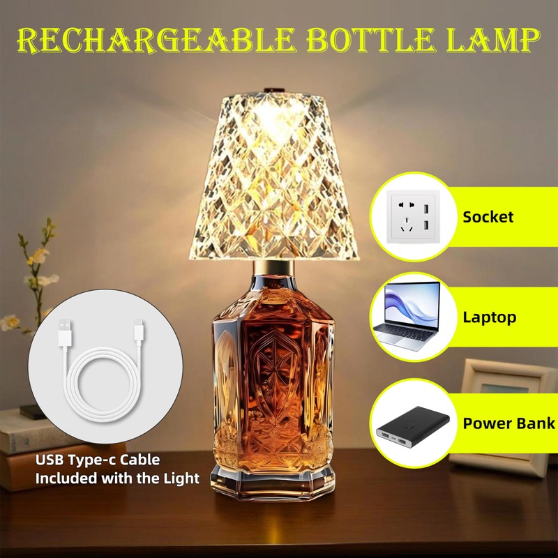 Fozxsvg Crystal Clear Bottle Light, Table lamp, Rechargeable LED Wine