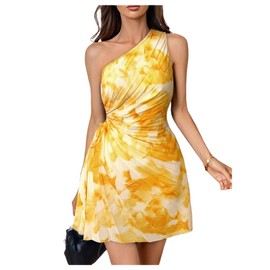 MakeMeChic Women's Summer Dress 2025 Tie Dye One Shoulder Mini Dress Pleated Cut Out Wedding Guest Dresses Yellow Small