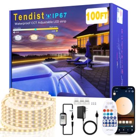 TENDIST 100FT Outdoor LED Strip Lights Waterproof IP67, Dimmable 3000K-6500K Warm White LED Rope Lights Outdoor Waterproof with Remote & APP, 24v Adhesive Exterior Lighting for Patio, Deck, Gazebo