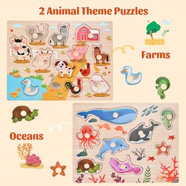 Wooderma Wooden Peg Puzzles for Toddlers 1-3, 2 Pcs Upgraded Montessori Educational Learning Puzzle Toy - Animal & Sea Themes Puzzles, Great Preschool Gifts for Girls and Boys (8.86 * 11.61 * 0.3in)