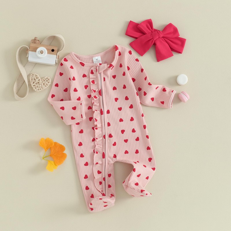 Ayalinggo Valentines Baby Girl Outfit Bowknot Heart Footie Romper Long