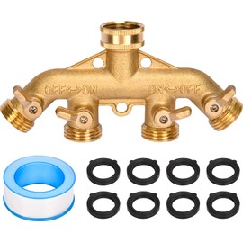 XIBETEO 4 Way Heavy Duty Solid Brass Garden Hose Splitter Connector 3/4" GHT Thread Hose Spigot Adapter 4 Valves with 8 Gaskets and Seal Tape for Garden, Home Life, Household Use
