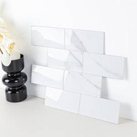 6-Sheet Peel and Stick Backsplash Tile, 12”x12” Self-Adhesive Waterproof Subway Tile, Glossy Carrara White Faux Marble Tile for Kitchen, Bathroom, Fireplace