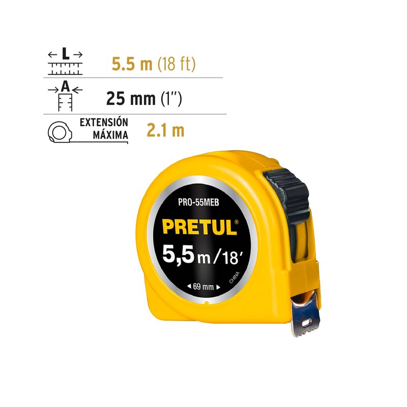 Pretul PRO-55MEB, Flexómetro amarillo 5.5 m cinta 25 mm, cubierta