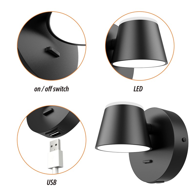 URSOLA Wall Light LED Wall Sconce with On/Off Switch USB
