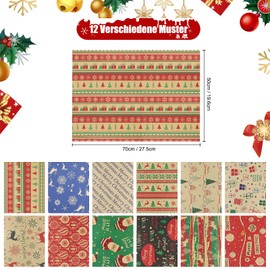 Yotako Christmas Wrapping Paper, 12 Different Patterns Christmas Wrapping Paper with 24 Pieces Christmas Gift Tags and Christmas Stickers, Wrapping Paper for Gift Wrapping (70 x 50 cm)