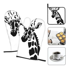 WHJYMX Kitchen Baking Three Piece Set - Oven Mitts and Pot Holders Sets for Microwave and Outdoor Grilling Black and White Giraffe Printing