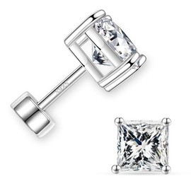 MOOSEA 0.6ct Princess Cut Moissanite Flat Back Earring, Lab Created Moissanite Earrings for Women Men, 18K White Gold Plated Solid 925 Sterling Silver Screw Back Earrings for Women Men Jewelry