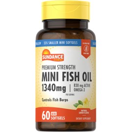 Sundance Mini Fish Oil Softgels 1340mg | 60 Count | Controls Fish Burps | Premium Strength Formula with Omega-3 | Natural Lemon Flavor | Non-GMO and Gluten Free Supplement