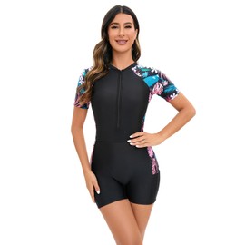 FYMNSI Women's Swimming Suit with Shorts Zip Swimming Shirt Rash Guard UV Protection UPF 50+ Swimming Shirt Sporty Swimwear Surf Suit, Black + pink leaf