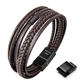 Murtoo Mens Bracelet, Adjustable Premium Leather Bracelet for Men Women in Black/Brown, Stainless Steel Magnetic Clasp, Multi-Layer Braided Genuine Leather Bracelet Gift Idea (Brown Style C, 22cm)