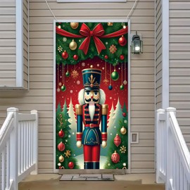 Saoplasa Christmas Door Cover Banner 35x71 Inch Nutcracker Holiday Porch Decoration Classic Soldier Red Green Ornaments Door Cover Xmas Evergreen Trees for Winter Wall Entryway Decor