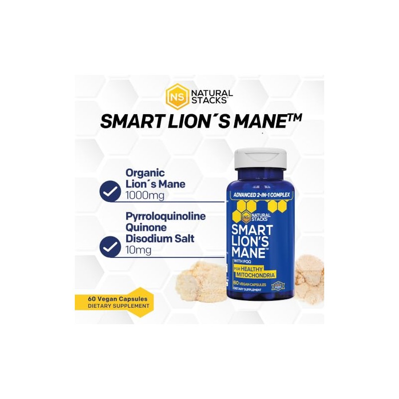 NATURAL STACKS- “Organic Lions Mane 1000mg con PQQ 10mg Optimizador