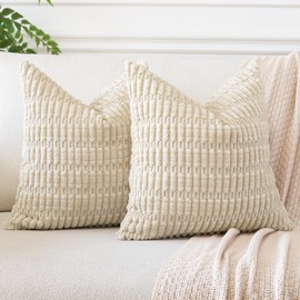 JOTOM Corduroy Soft Striped Boho Decorative Throw Pillow Covers 50x50 cm Cushion Covers 20x20 Inch Cushion Case Square Pillowcases for Couch Sofa Living Room Bed Home Decor Set of 2 (Beige)