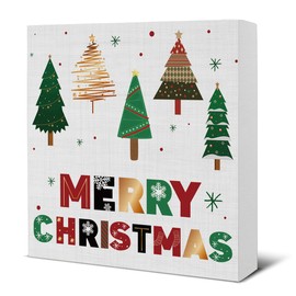 Merry Christmas Decorations, Christmas Tree Wooden Sign, Christmas Room Decor, Christmas Decor for Desk Table Shelf 5 x 5 Inches