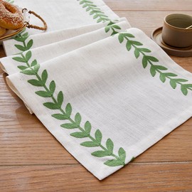 Wracra Embroidered Table Runner Irregular Willow Leaf Table Runners 90 Inches Long for Dresser Home Dining Table Decor,14 x 90 Inch, Green