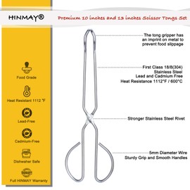 HINMAY Stainless Steel Kitchen Scissor Tongs Set, 2-Piece (10/13 Inch) for Cooking, Grilling, Serving, and Barbecue