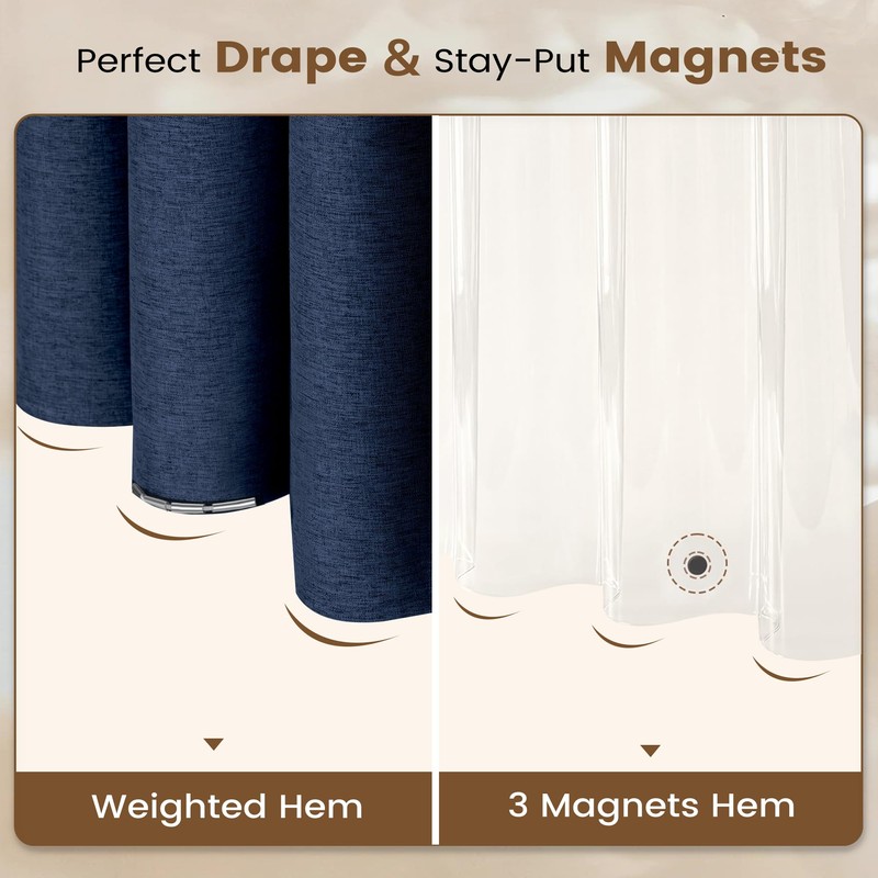 BTTN Navy Blue 3 in 1 Linen Textured Shower Curtain