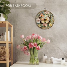 Fewgb Vintage Butterfly Floral Round Wall Art Decor Framed for Bedroom Living Room Kitchen Bathroom, Aesthetic Flower Canvas Wall Art Prints Picture, Rustic Wildflower Hanging Room Decor Artwork 10x10