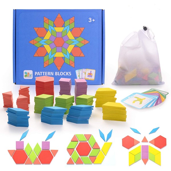 HellDoler 155 Wooden Blocks Model Puzzle Set Geometric Shape Classic Educational Chart Tangram Montessori Toys with 24 Pieces of Design Cards for Children
