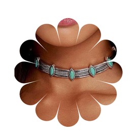 Yheakne Boho Turquoise Choker Necklace Vintage Turquoise Necklace Chunky Silver Chain Necklace Thick Collabon Necklace Gypsy Necklace Chain Jewellery for Women and Girls Tribal Necklace, Metal,