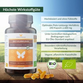 240 Organic Turmeric Capsules, High Dosage, Certified Organic Quality, No Additives, No Piperine, No Pepper, Turmeric, Raw Food, Vegan (240 Capsules)