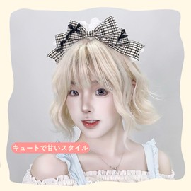 Large Bow Headband Checkered Girly Style Headband with Lace Cute Maid Hairband Sweet Hair Ornament Lolita (Black)