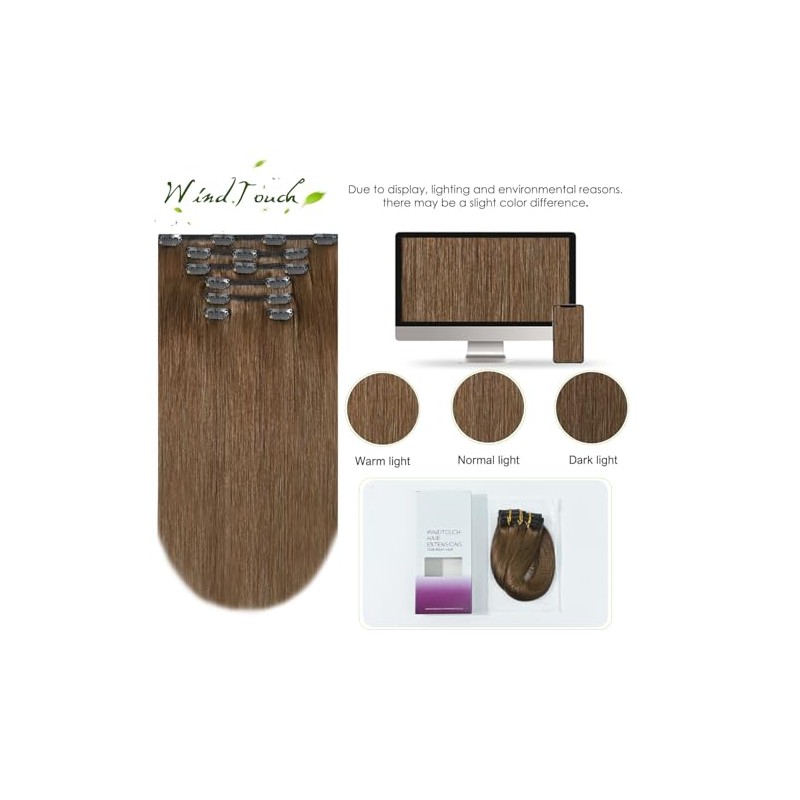 Extensiones de cabello con clip WindTouch, cabello humano real, castaño
