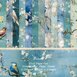 24 Sheets Blue Floral Birds Pattern Paper, 6" x 6" Scrapbooking Supplies Paper Decorative Craft Paper for DIY Card Making Photo Album Junk Journal Décor