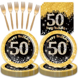 Egami 48pcs 50th Party Supplies,include 16 Dessert plate,16 Napkin and 16 Fork,50th Birthday Plate Napkin Fork Set,Used for 50th Black and Gold Party Decoration
