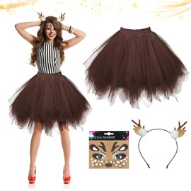 HXUING Reindeer Tulle Skirt with Headband, Reindeer Carnival Women's Costume Reindeer Tutu Tulle Skirt Women's Tutu Dress Puffy Tulle Tutu Skirt with Antlers Headband, Cosplay Costume for Carnival,